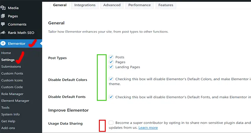 setting elementor